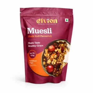 Shahi kulfi flavoured muesli with oats nuts and seeds Elvion muesli dessert flavour healthy cereal Crunchy muesli with nuts and grains energy food